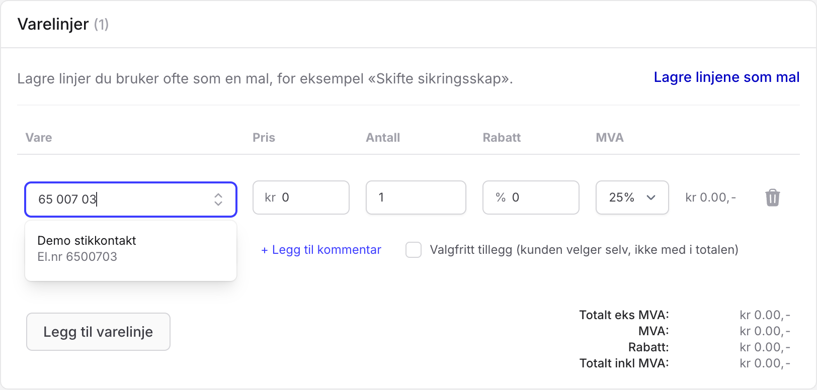 Søk med 65 007 03 gir treffet Demo stikkontakt med EL-nummer 6500703