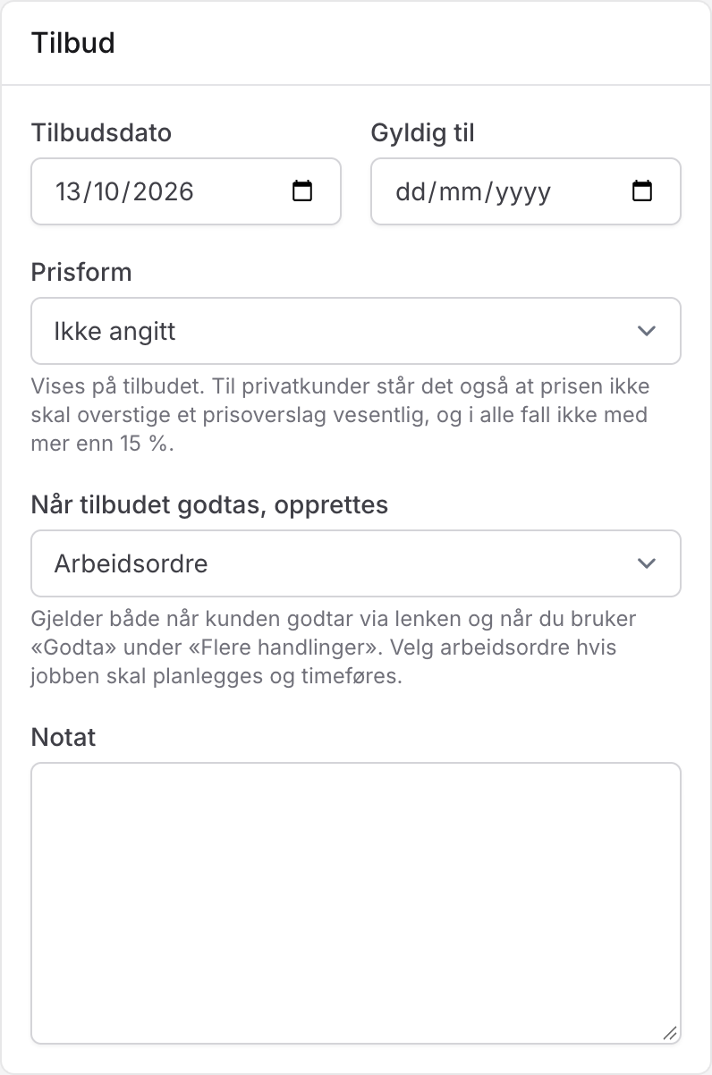 Nytt tilbud der arbeidsordre er valgt ved godkjenning