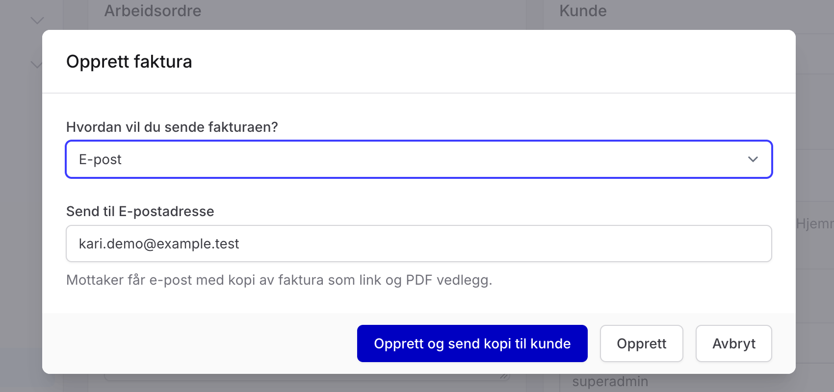 Fakturadialog fra en fiktiv arbeidsordre
