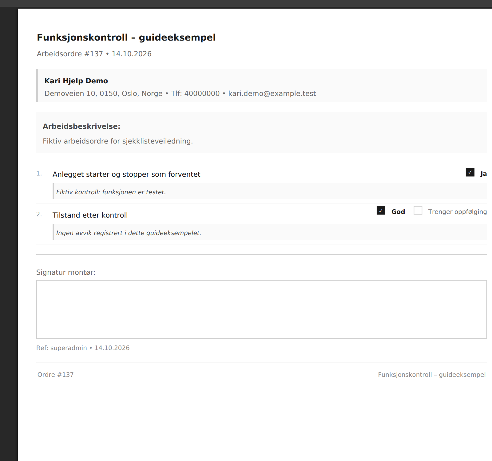 PDF med utfylte kontrollpunkter og kommentarer fra en arbeidsordre