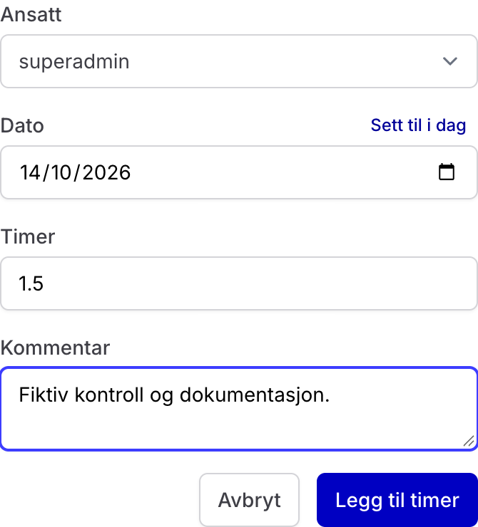Dialogen for å legge til fiktive timer på en arbeidsordre