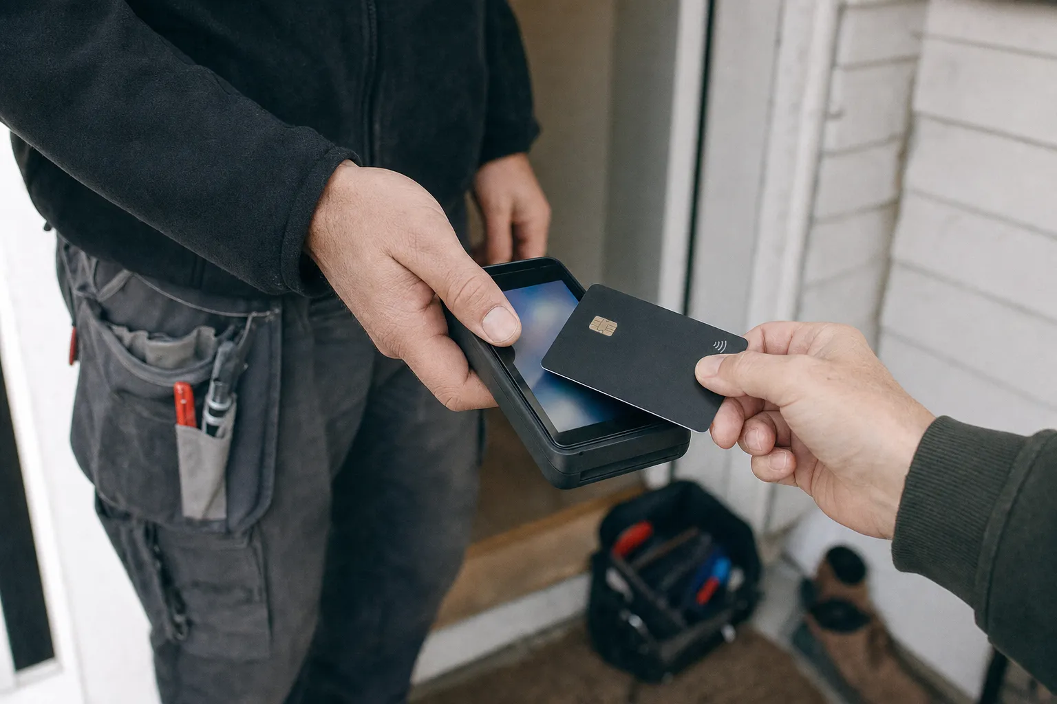 Kunden betaler med kort på en Stripe-kortleser etter jobben