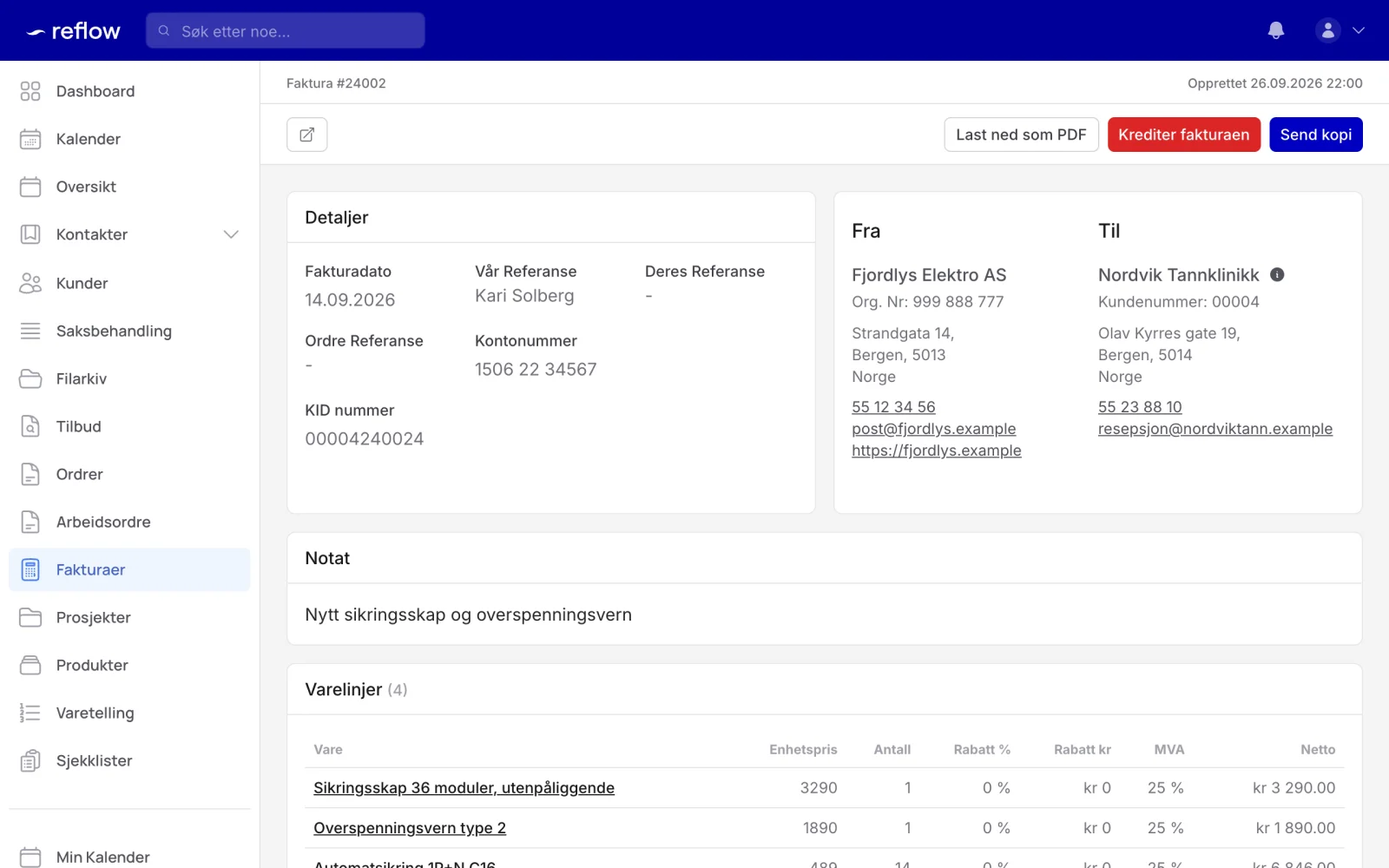 Faktura i Reflow med KID-nummer og kontonummer